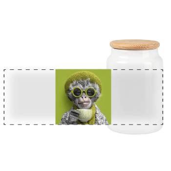 Stylish monkey with sunglasses and coffee cup - Panoramic Cookie Jar with Wooden Lid - white - Front