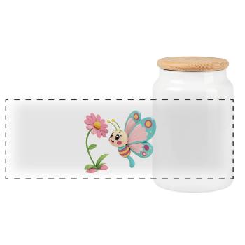 Joyful butterfly in front of a flower - Panoramic Cookie Jar with Wooden Lid - white - Front
