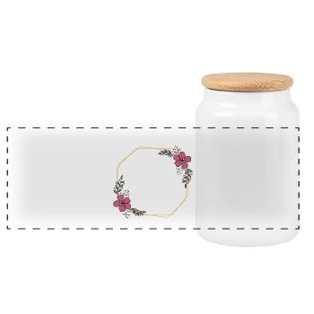 Goldgelbes Achteck - rote Blumen & grüne Blätter - Panorama Keksdose mit Holzdeckel - Weiß - Vorne