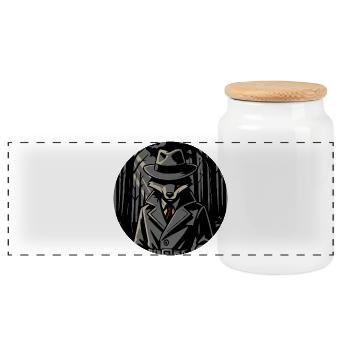 Mysterious Fox in Trench Coat – Animal Motif - Panoramic Cookie Jar with Wooden Lid - white - Front