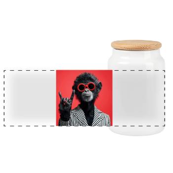Affe mit roter Sonnenbrille macht Rock Geste - Panorama Keksdose mit Holzdeckel - Weiß - Vorne