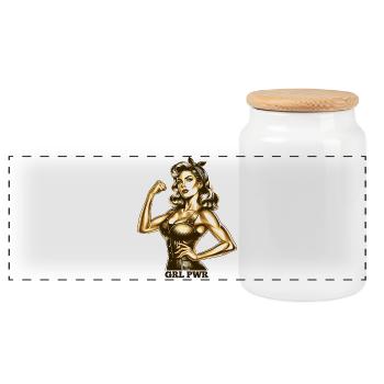 Strong Woman GRL PWR Rockabilly Gold Gift - Panoramic Cookie Jar with Wooden Lid - white - Front