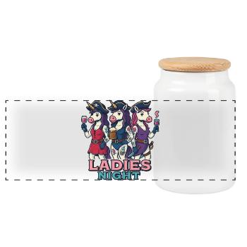 Ladies Night - Pirates & Unicorns - Panoramic Cookie Jar with Wooden Lid - white - Front