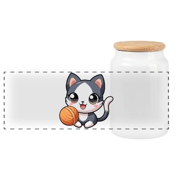 Chaton kawaii noir et blanc avec pelote - Boîte à biscuits avec couvercle en bois - blanc - Devant