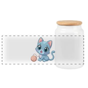 Playful Blue Kitten with Ball of Yarn - Panoramic Cookie Jar with Wooden Lid - white - Front