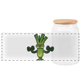 Funny Leek Bar Dumbbell Fitness Workout Gym - Panoramic Cookie Jar with Wooden Lid - white - Front