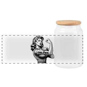 Strong Woman GRL PWR Rockabilly Biceps Arm Gift - Panoramic Cookie Jar with Wooden Lid - white - Front