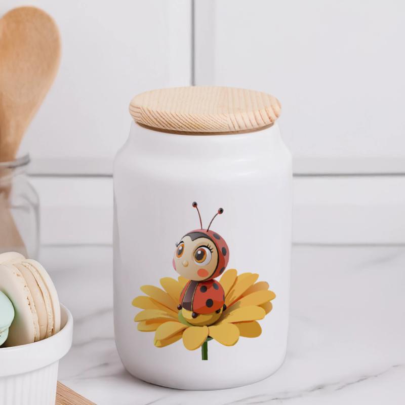 Cute ladybug on a flower Panoramic Cookie Jar with Wooden Lid