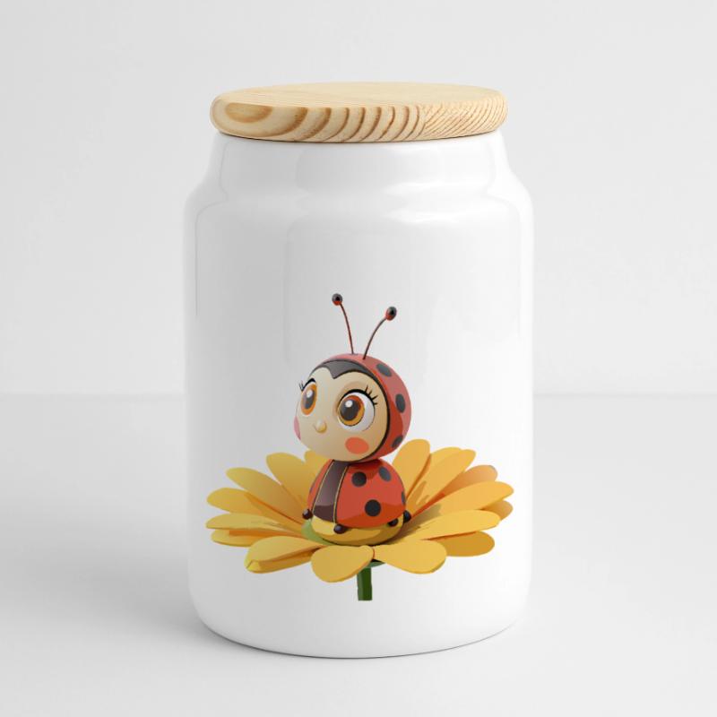 Cute ladybug on a flower Panoramic Cookie Jar with Wooden Lid