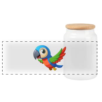 Colorful Baby Parrot in Flight - Panoramic Cookie Jar with Wooden Lid - white - Front