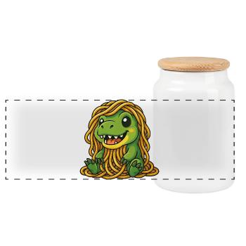 Lustiger T-Rex Dino beim Spaghetti Essen Nudeln - Panorama Keksdose mit Holzdeckel - Weiß - Vorne