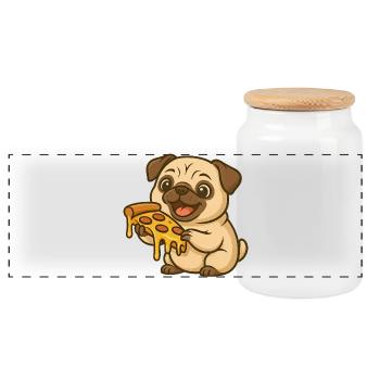 Cute Pug Dog Cartoon Pizza Lover - Panoramic Cookie Jar with Wooden Lid - white - Front