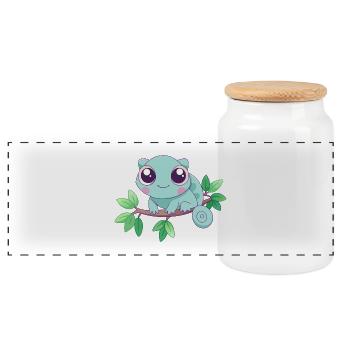 Baby Turquoise Chameleon on a Branch - Panoramic Cookie Jar with Wooden Lid - white - Front