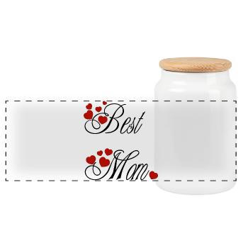 Best Mom, Calligraphy with Red Hearts - Panoramic Cookie Jar with Wooden Lid - white - Front