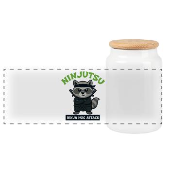 Raccoon Ninja Hug Attack - Panoramic Cookie Jar with Wooden Lid - white - Front