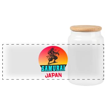 Samurai Japan Sonnenuntergang Design - Panorama Keksdose mit Holzdeckel - Weiß - Vorne