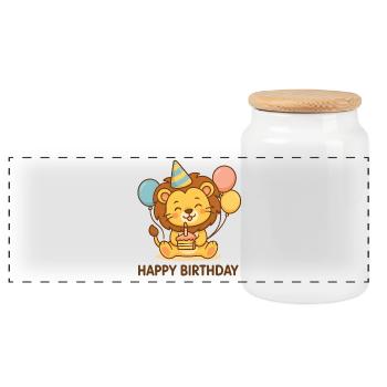 Lion Birthday Party Motif - Panoramic Cookie Jar with Wooden Lid - white - Front