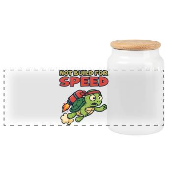 Turtle with rocket: Not built for speed - Panoramic Cookie Jar with Wooden Lid - white - Front