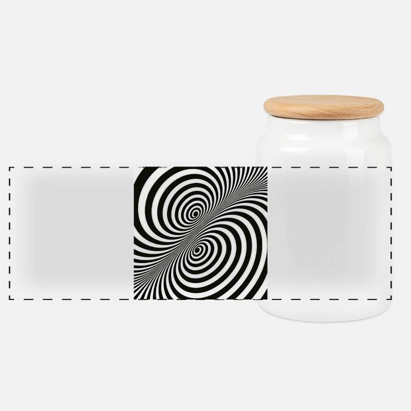 Optical Illusion Spiral Pattern in Black and White - Panoramic Cookie Jar with Wooden Lid - white
