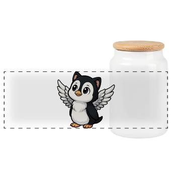 Cute Penguin Cat Angel with Cat Ears Sacred - Panoramic Cookie Jar with Wooden Lid - white - Front