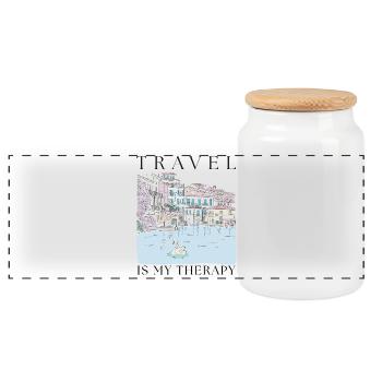 Travel is my therapy - Panoramic Cookie Jar with Wooden Lid - white - Front