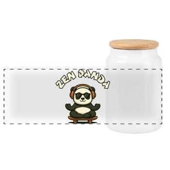 Zen Panda with skateboard and headphones - Panoramic Cookie Jar with Wooden Lid - white - Front