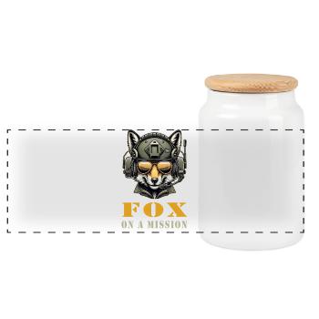 Fox in Mission / Military - Panoramic Cookie Jar with Wooden Lid - white - Front