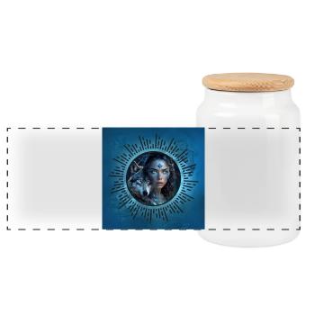 Heavenly alliance: the wolf and the beautiful woman. - Panoramic Cookie Jar with Wooden Lid - white - Front