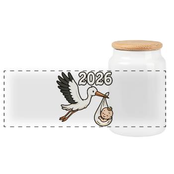 Storch mit Findelkind im Schnabel 2026 - Panorama Keksdose mit Holzdeckel - Weiß - Vorne