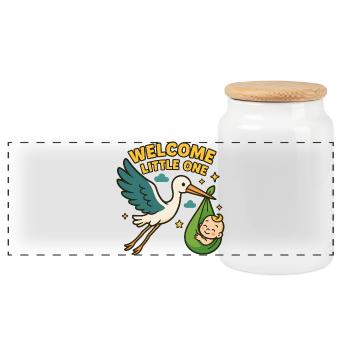 Stork Baby Arrival – „Welcome Little One“ - Panorama Keksdose mit Holzdeckel - Weiß - Vorne