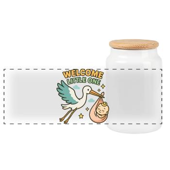 Stork Baby Blessing - Stork brings baby - Panoramic Cookie Jar with Wooden Lid - white - Front