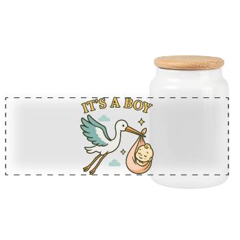 Hello Baby Boy - Storch bringt Baby – It's a Boy - Panorama Keksdose mit Holzdeckel - Weiß - Vorne