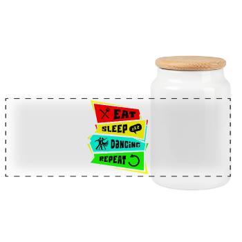Essen schlafen Tanzen wiederholen - Panorama Keksdose mit Holzdeckel - Weiß - Vorne