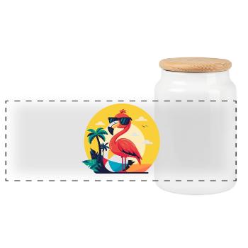 Flamingo, beach ball and palm trees - Panoramic Cookie Jar with Wooden Lid - white - Front