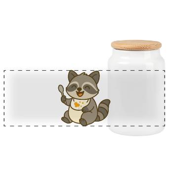 Alimentation avec un bébé raton laveur - Boîte à biscuits avec couvercle en bois - blanc - Devant