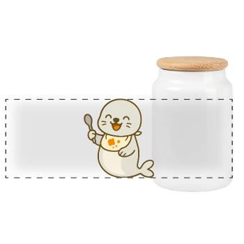 Alimentation avec le bébé phoque - Boîte à biscuits avec couvercle en bois - blanc - Devant
