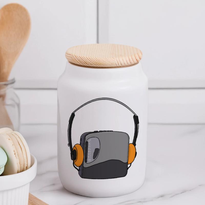 Cool Portable Cassette Audio Player Panoramic Cookie Jar with Wooden Lid
