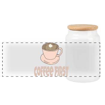 coffee first - Panorama Keksdose mit Holzdeckel - Weiß - Vorne