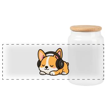 Dessin animé mignon de chien corgi avec des écouteurs dormant - Boîte à biscuits avec couvercle en bois - blanc - Devant