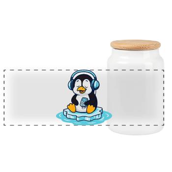 Musikliebender Pinguin mit Kopfhörern - Panorama Keksdose mit Holzdeckel - Weiß - Vorne