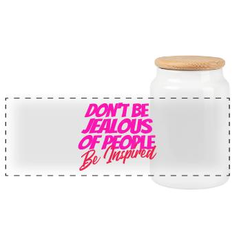 Don't Be Jealous – Be Inspired Quote - Panoramic Cookie Jar with Wooden Lid - white - Front