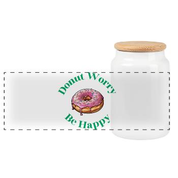 Donut Worry Be Happy - Lustiger Donut Spruch - Panorama Keksdose mit Holzdeckel - Weiß - Vorne