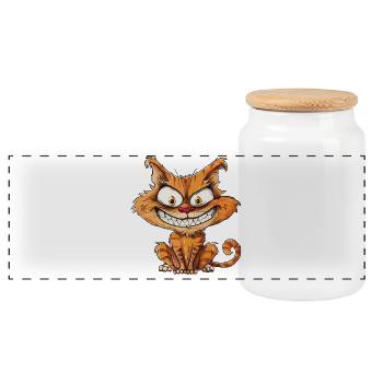 Crazy Katze, Verrückte Katze mit breitem Grinsen - Panorama Keksdose mit Holzdeckel - Weiß - Vorne