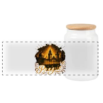 Prague Capital Czech Republic Gold Gift - Panoramic Cookie Jar with Wooden Lid - white - Front