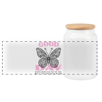 Good Day with Butterfly – Positive Design - Panoramic Cookie Jar with Wooden Lid - white - Front