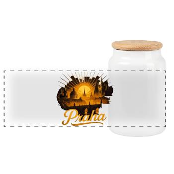 Prague Praha Capital Czech Republic Gold Gift - Panoramic Cookie Jar with Wooden Lid - white - Front