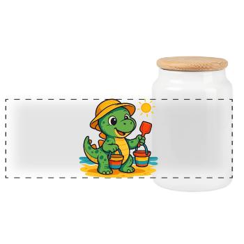 Verspielter Dinosaurier mit Sommeraccessoires - Panorama Keksdose mit Holzdeckel - Weiß - Vorne