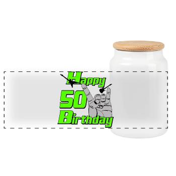 Happy Birthday 50 , Heavy Metal 50th Birthday - Panoramic Cookie Jar with Wooden Lid - white - Front