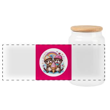 Two otters with colorful cream cone - Panoramic Cookie Jar with Wooden Lid - white - Front