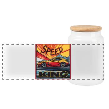 Speed King – yellow sports car - Panoramic Cookie Jar with Wooden Lid - white - Front